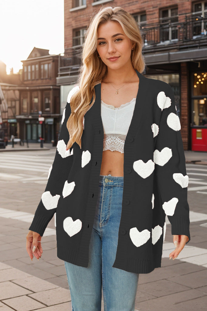 Wholesale Valentine's Day Heart Knitted Cardigan V-neck Button Midi-length Coat